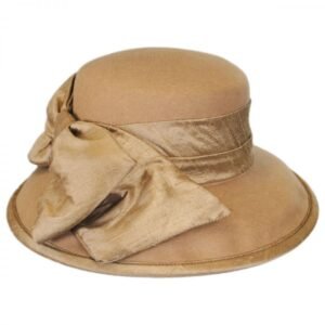 Toucan Collection | Silk Bow Wool Felt Lampshade Hat - Made to Order | 125832 | front | CAMEL